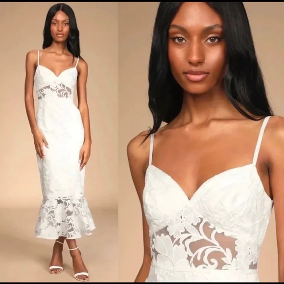 Ivory White Lace Trumpet Organza Midi Dress 🌿 - Picture 4 of 11